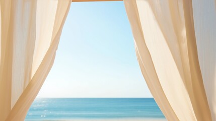 Serene ocean view framed by flowing curtains on a sunny day