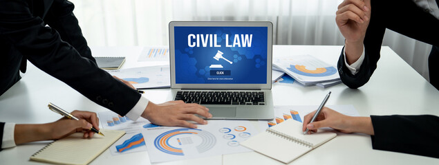 Civil law brisk information showing on computer screen for Common Justice Legal Regulation Rights...