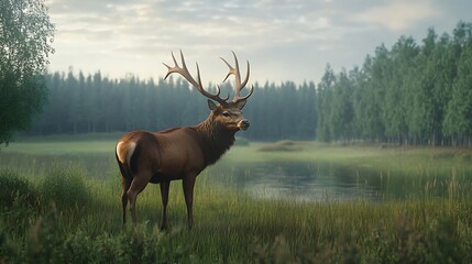 Obraz premium Breathtaking wildlife scene with a strong deer in the wild photo