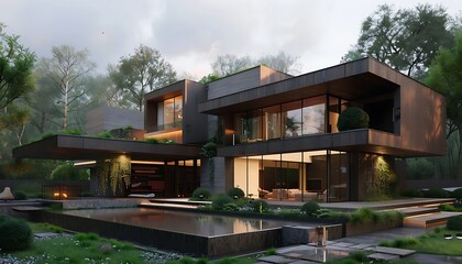 Obraz premium 3d rendering of modern cozy house with parking and pool for sale