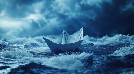 Obraz premium Paper boat stormy sea night hope resilience