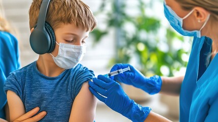 Young Boy with Autism Wearing Headphones While Getting Vaccinated
