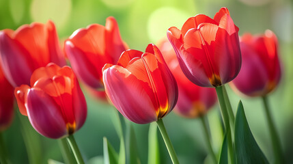 Naklejka premium Vibrant red and pink tulips blooming beautifully in a bright, sunny garden with bokeh