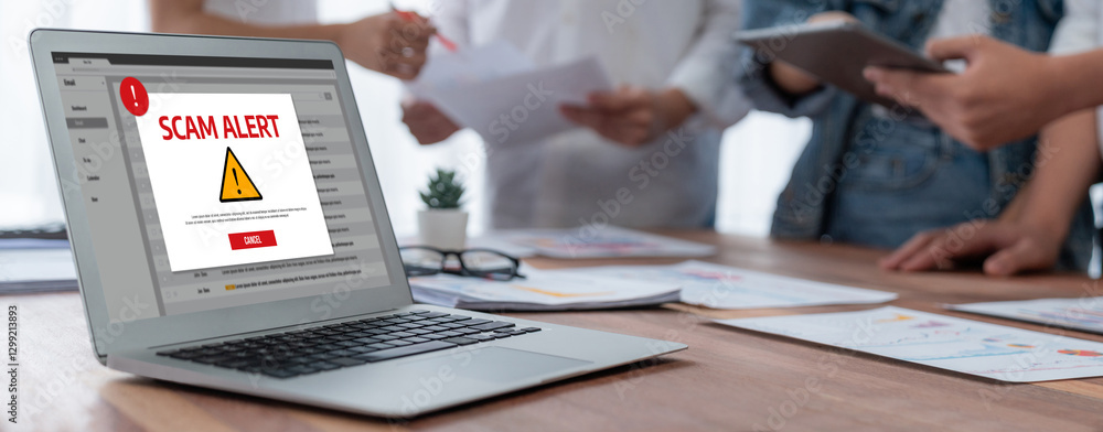 Aufkleber Cyber security software show alert of cyber attack for protection brisk. Danger from virus, phishing and cyber fraud.