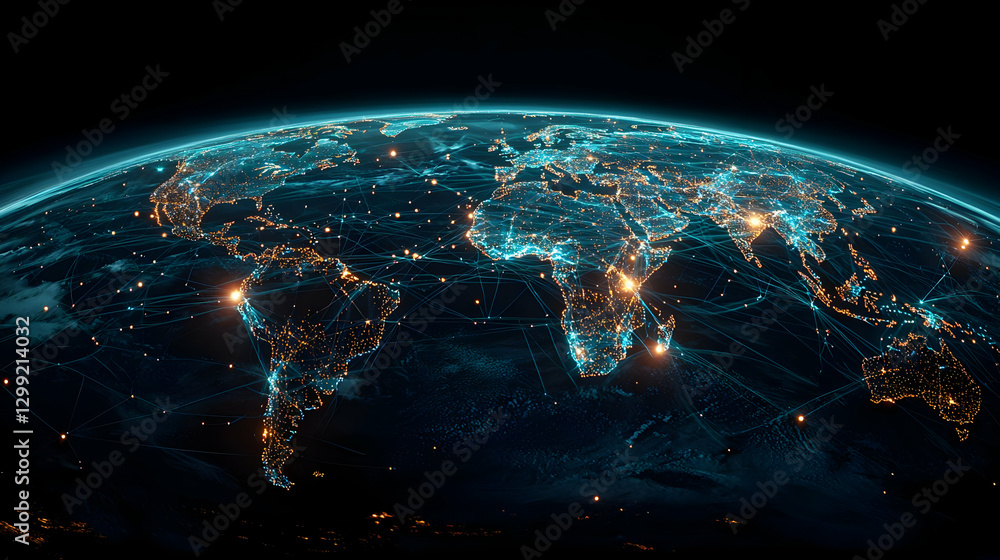 Poster digital rendering of illuminated earth showing global network at night in space