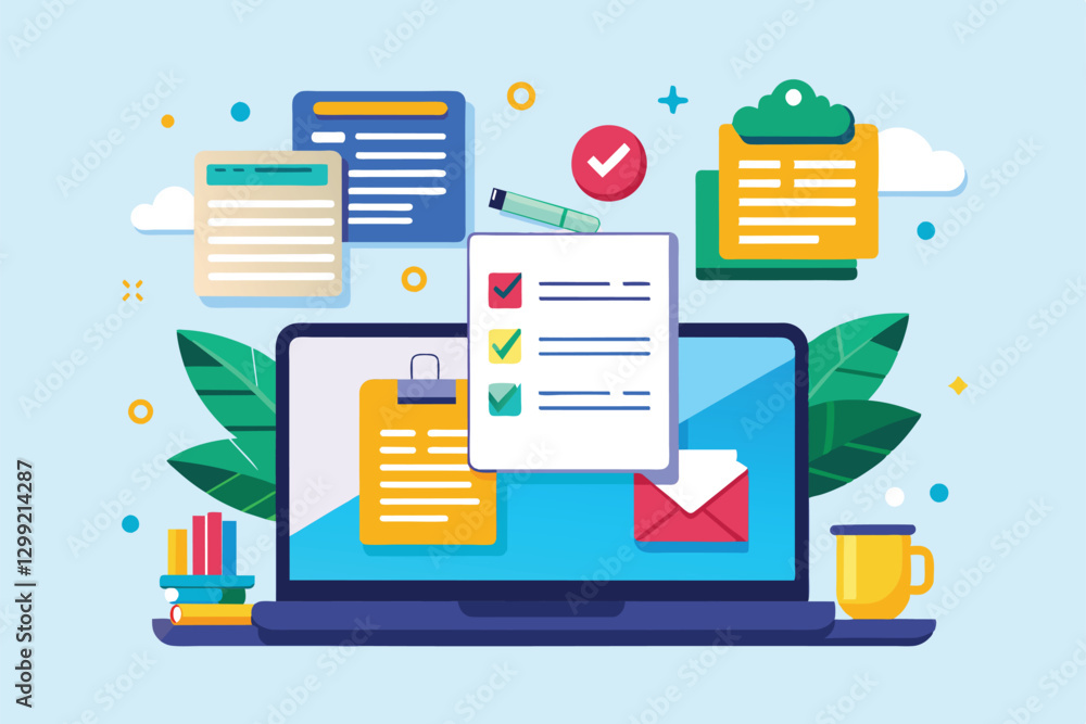 Poster a digital workspace showcases various customizable documents and evaluation checklists for productiv