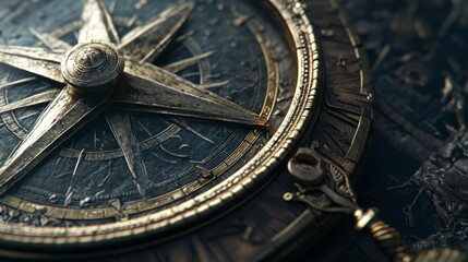 Obraz premium A 3D picture of a shiny compass made of brass is shown closeup. 