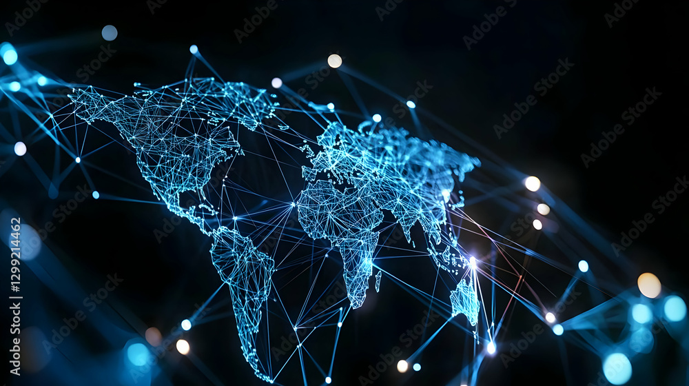 Poster digital blue illuminated world map representing global network connectivity and information flow