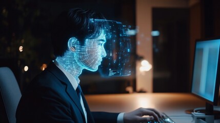 A businessman uses a holographic chatbot. This chatbot is powered by AI, making the interaction more natural. The businessman can ask the chatbot questions and get answers.  