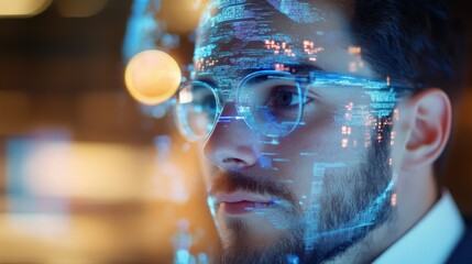 A businessman uses a holographic chatbot. This chatbot is powered by AI, making the interaction more natural. The businessman can ask the chatbot questions and get answers.  