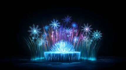 Abstract Fireworks Display Illuminating Blue Stage Against Black Background During Festive Celebration