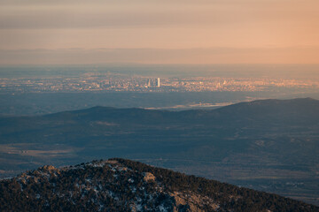 Aerial View of Madrid from the Guadarrama Mountains at Sunset