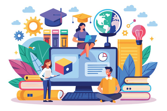 Diverse individuals engage with educational technology surrounded by books, tools, and learning resources, Online education concept,