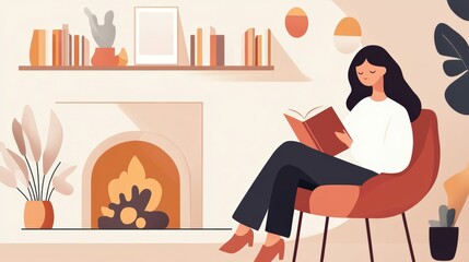 Woman reading a book by a fireplace in a warm and cozy library, with a cup of tea on the side table,