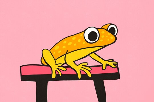 Cute illustration of a frog with bright colors on a bench
