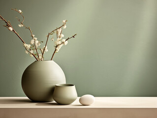 Closeup of minimalist japandi and wabi sabi inspired living room with vase, easter decor and neutral walls