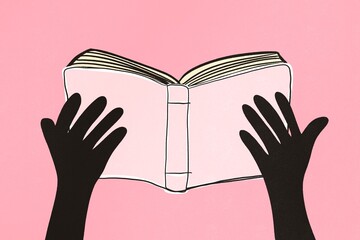Minimalistic illustration of hands holding an open book