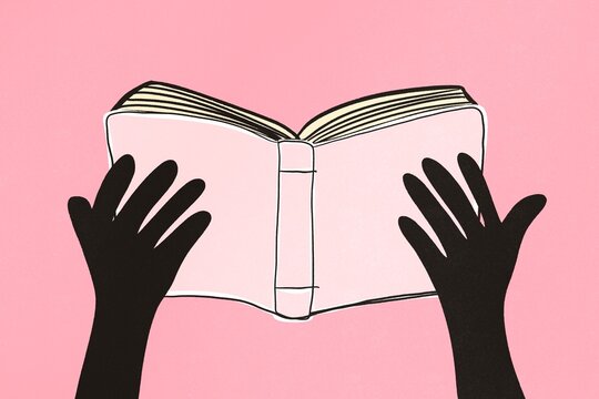 Minimalistic illustration of hands holding an open book