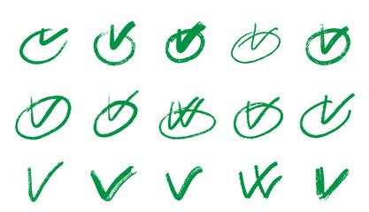 Green scribble checkmark doodle hand drawn line monochrome comic elements collection in grunge graffiti style collection bundle set