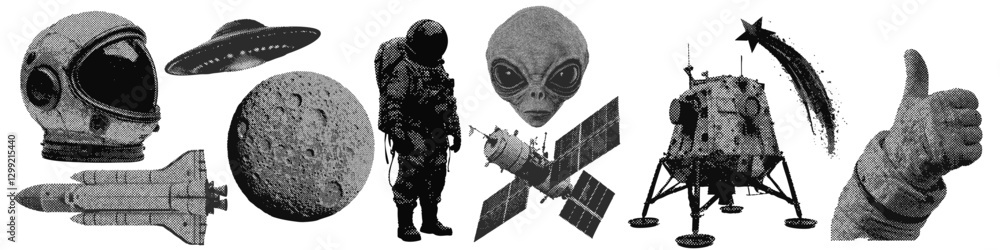 Aufkleber set of outer space halftone grunge vector design elements