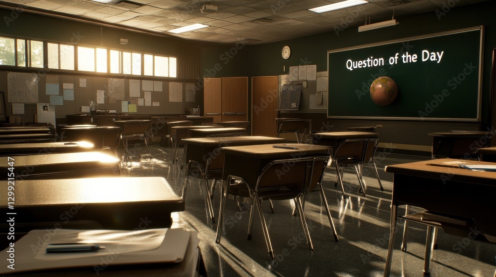 Poster a classroom with a green chalkboard that says 