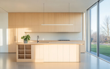 Fototapeta premium Modern kitchen design with wood cabinetry and large windows in bright natural light