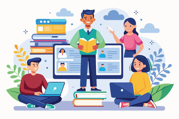 A group of students engages in online learning, using laptops and books in a collaborative space, Online learning Customizable Disproportionate Illustration