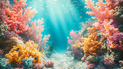 Vibrant coral reef teeming with marine life and sunlight filtering through the water, showcasing rich colors and diverse ecosystems in a tropical underwater paradise