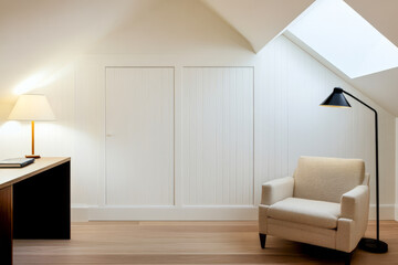 Cozy interior design in a modern attic space with soft lighting and minimalist furniture
