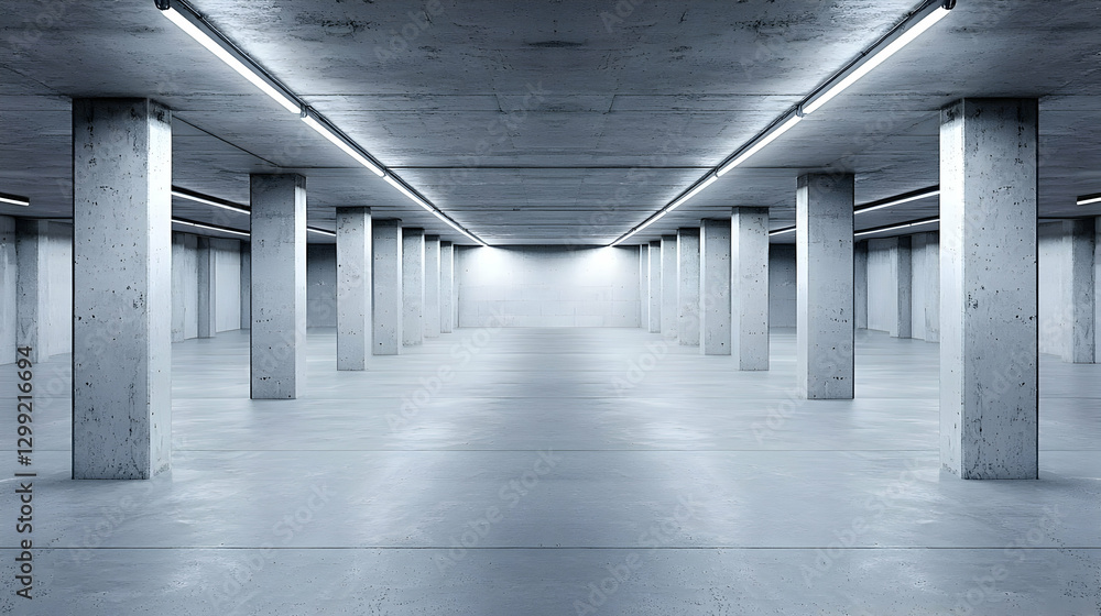 Poster empty concrete interior with rows of columns and overhead lighting in monochrome
