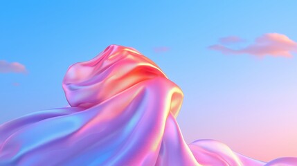 Iridescent fabric sculpture against sunset sky
