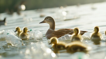 Duck and ducklings navigate polluted waters amidst plastic bottles