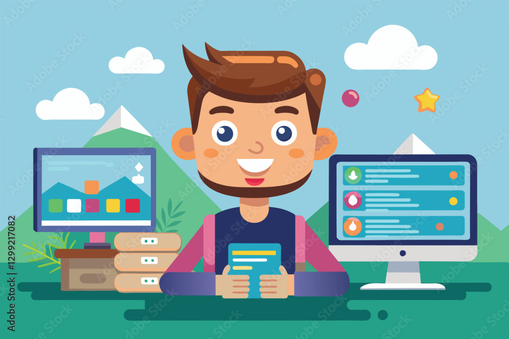 Poster a cheerful character sits with books, surrounded by colorful computer screens in a creative setting,
