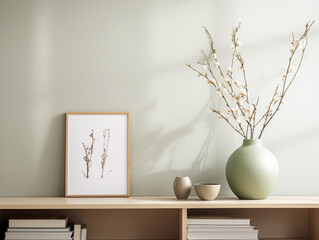 Closeup of minimalist japandi and wabi sabi inspired living room with vase, easter decor and neutral walls