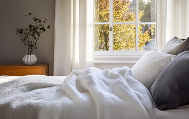 Cozy bedroom with soft bedding and sunlight streaming through the window