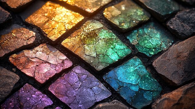 Vibrant textured mosaic stones sparkling with multicolored glitter