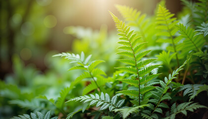 Lush green ferns illuminated by soft light, nature's tranquility