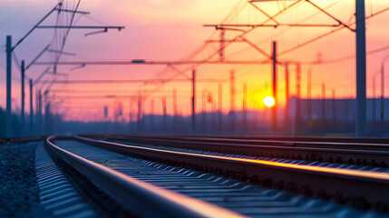 Naklejka premium Railway Tracks Leading Towards Setting Sun Against Gradient Sky in Dramatic Twilight Landscape