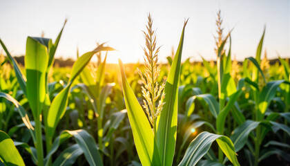 Obraz premium Thriving corn plants basking in sunlight, natural growth concept