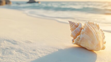Seashell on Sandy Beach at Sunrise Golden Hour