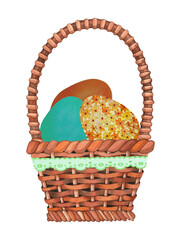 Eggs in a wicker basket. Watercolor illustration, postcard.