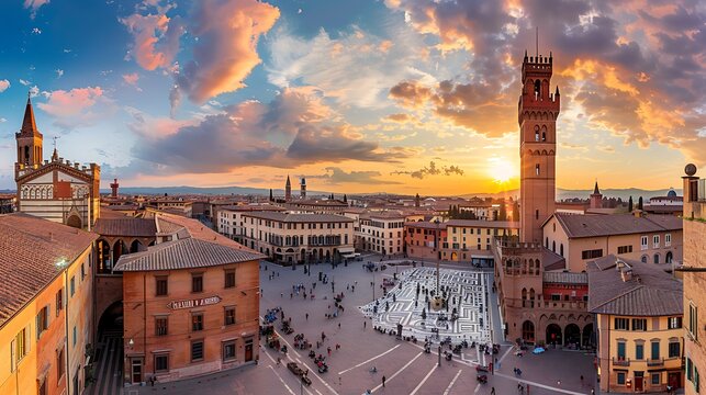 Aerial view of Piazza del Duomo at sunset in Florence, Italy