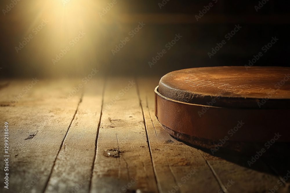 Poster rustic wooden surface with spotlight illuminating round object in dimly lit setting