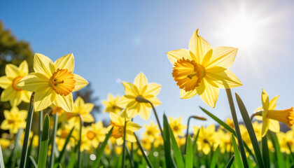 Obraz premium Cheerful yellow daffodils swaying in the park under sunny skies, nature's beauty