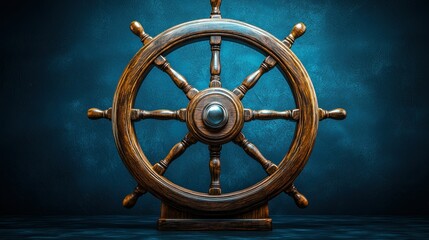 Wooden ship wheel, dark blue background, leadership concept