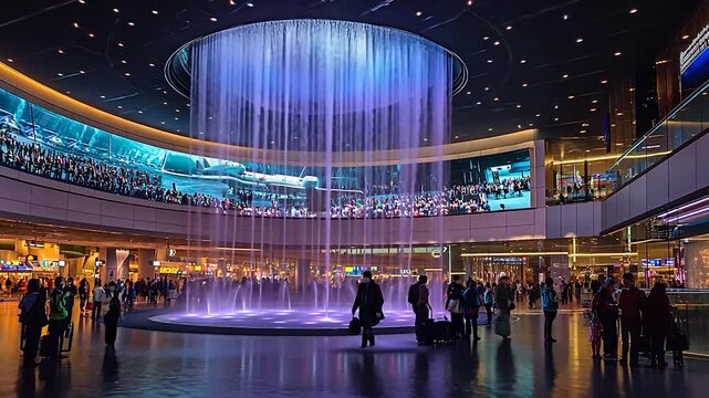 Stunning indoor waterfall display in a busy shopping mall with vibrant lights and crowds