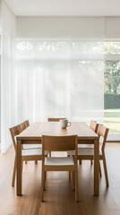 Fototapeta premium Bright and spacious dining area with wooden table and chairs in modern home