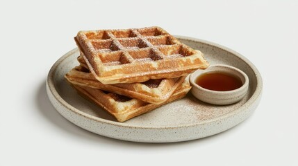 A rustic waffle stack dusted with cinnamon sugar and served with a side of maple syrup