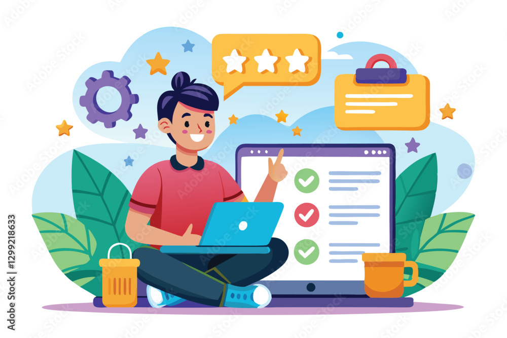 Poster a cheerful character sits with a laptop, reviewing products while surrounded by colorful elements an