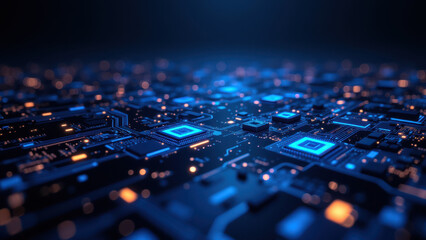 High-tech circuit boards with a blue neon glow, symbolizing advanced technology and automation in software development and infrastructure management.